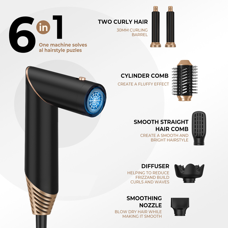 プロフェッショナル 6 in 1 パワーフル 折りたたむ式 ホットエア ヘアスタイラー 乾燥機 イオン化粧水 ビューティサロン バーク ゴールデン