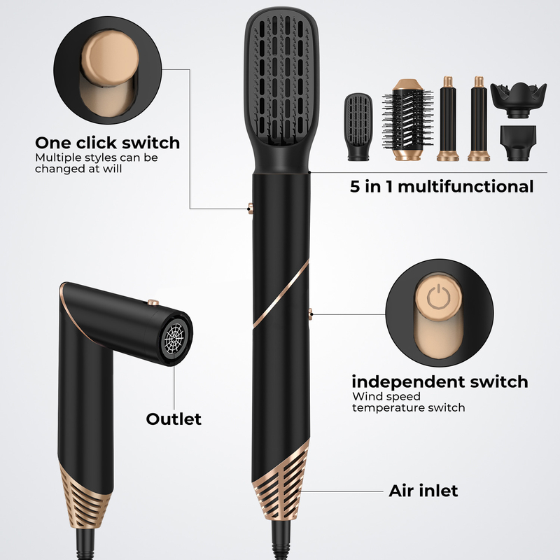 プロフェッショナル 6 in 1 パワーフル 折りたたむ式 ホットエア ヘアスタイラー 乾燥機 イオン化粧水 ビューティサロン バーク ゴールデン