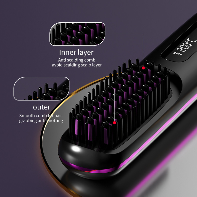 ポータブル ワイヤレス ヘアストレイン ブラシ 35W 急速 熱付け タイプC 陰性イオン温度ディスプレイ画面
